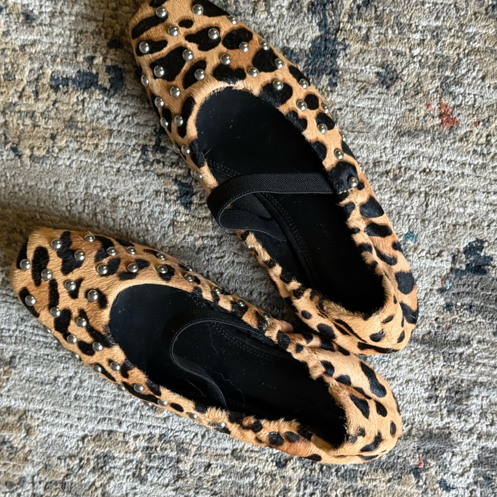 Leopard Pony Hair Studded Ballet Flats – Elastic Strap – Size 7